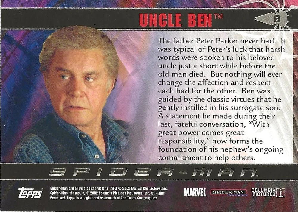 Uncle Ben best rookie card - Cliff Robertson - Spider-Man - back