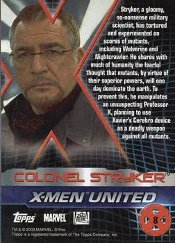 Brian Cox as Colonel Stryker best rookie card - X2: X-Men United - back